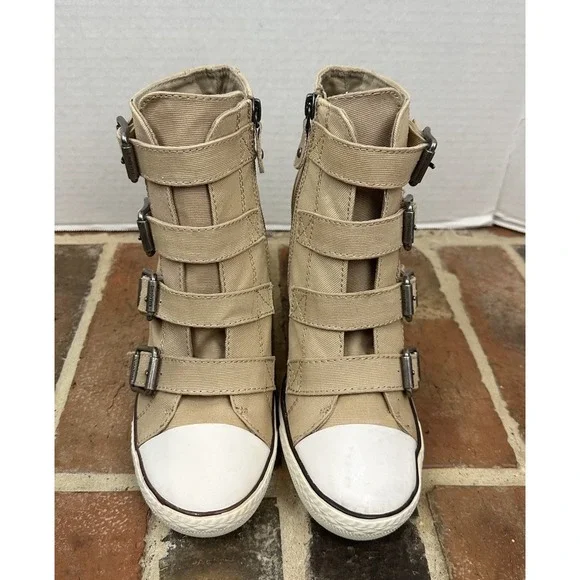 Simply Vera Vera Wang Beige Tan Wedge Heel Sneakers Buckles Straps Women's 8 - Picture 3 of 7